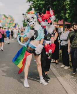 Fursuits und Regenbogenflagge bei einer Parade. 